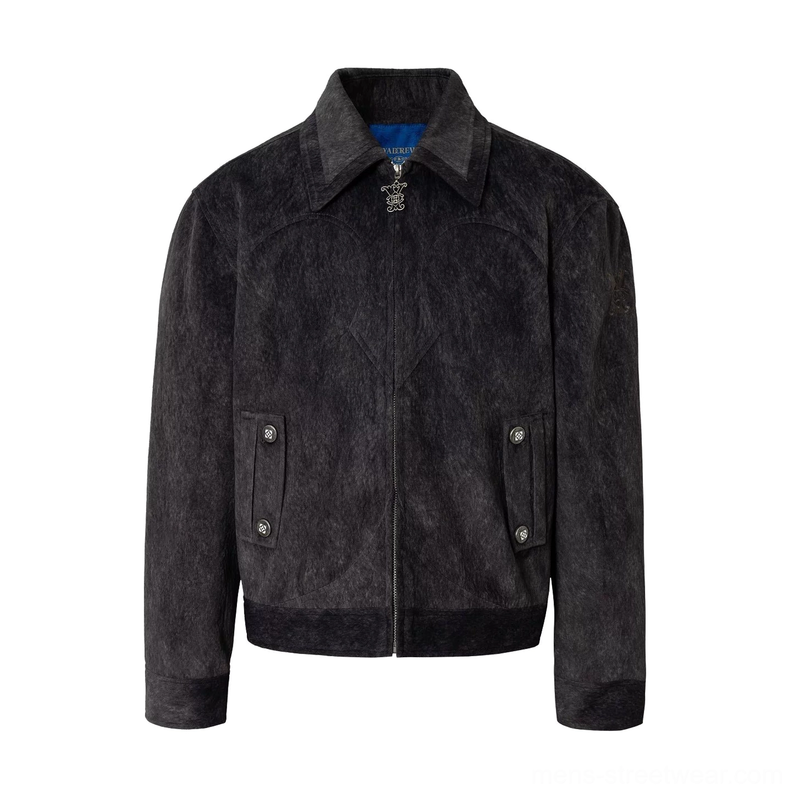 Coffee black textured Western yoke cropped zip jacket full product view for modern Korean inspired streetwear