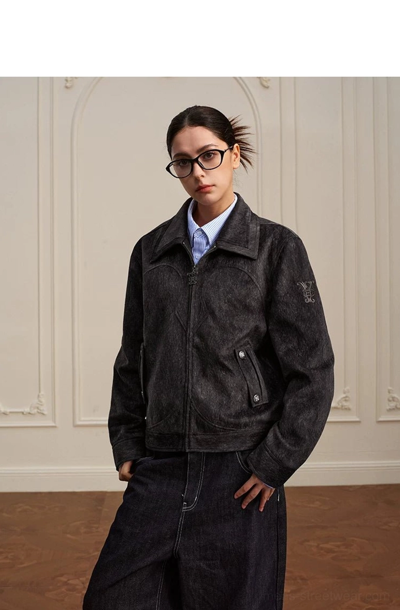 Coffee black textured Western yoke cropped zip jacket product view showing dark washed finish and cropped silhouette