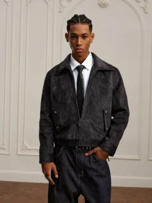 Coffee black textured Western yoke cropped zip jacket front full body streetwear outfit with shirt and tie