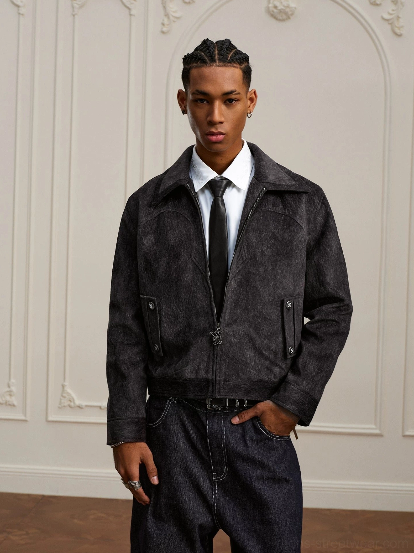 Coffee black textured Western yoke cropped zip jacket front full body streetwear outfit with shirt and tie