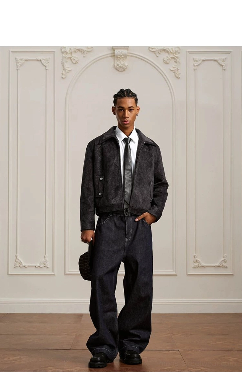 Coffee black textured Western yoke cropped zip jacket front streetwear styling with white shirt and grey tie