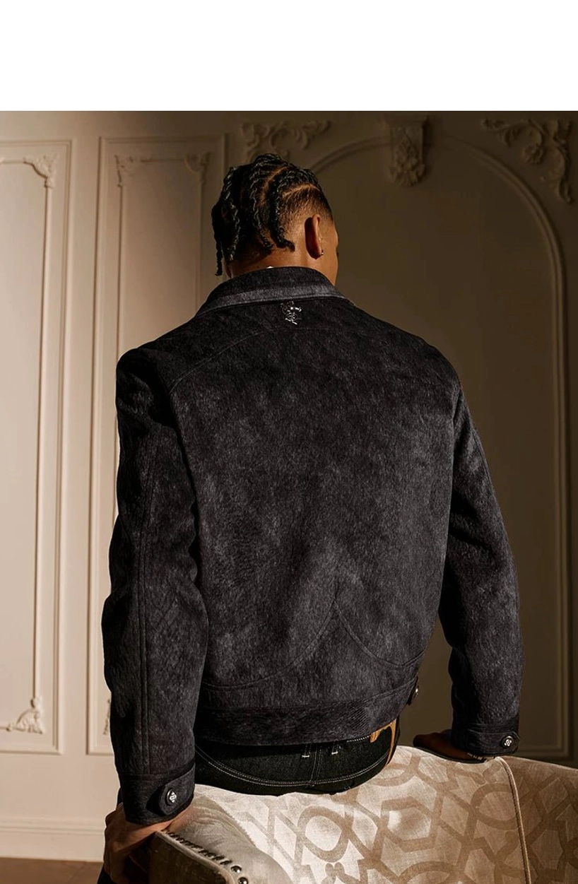 Coffee black textured Western yoke cropped zip jacket full back view with structured yoke seam detailing