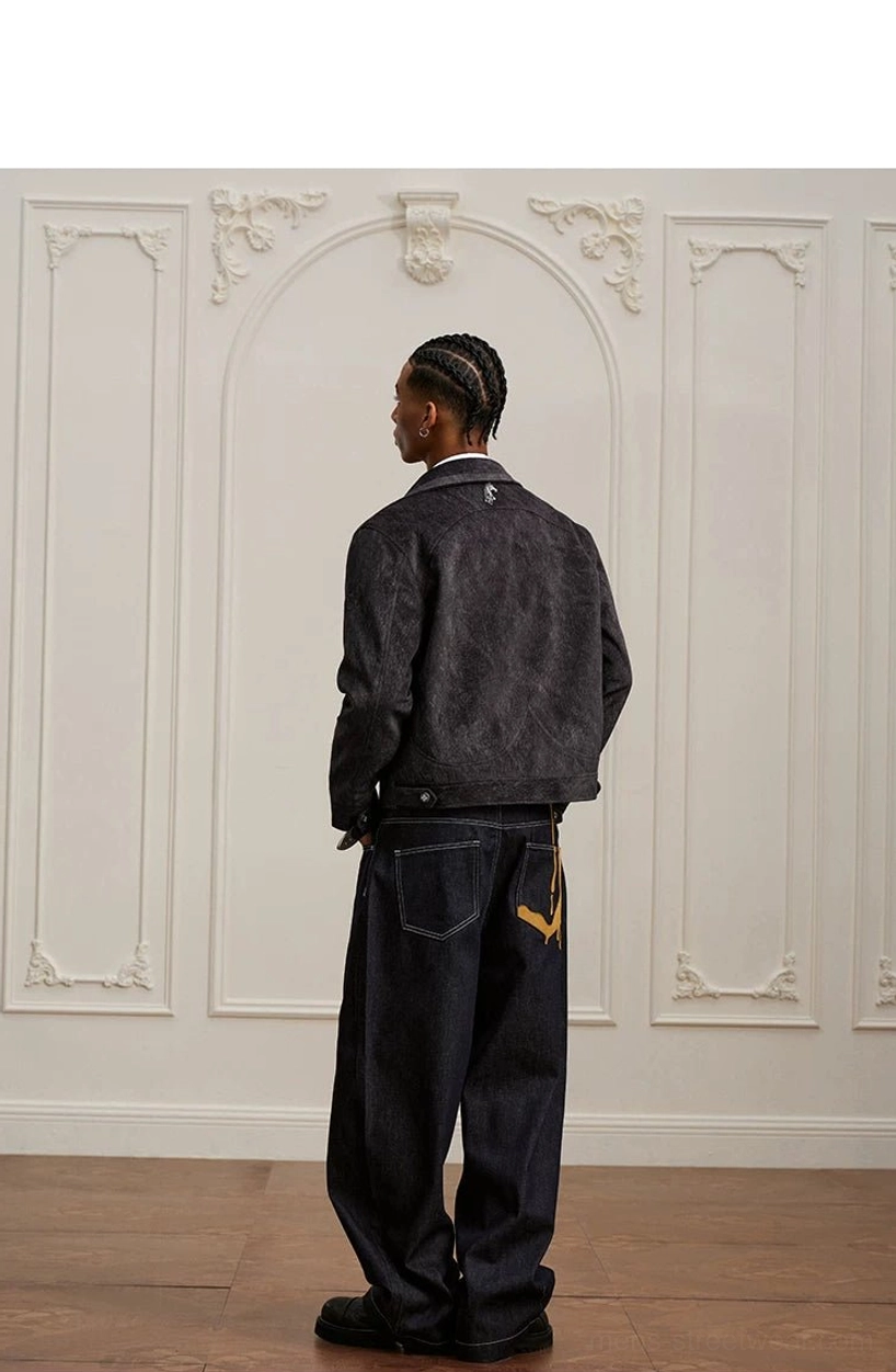 Coffee black textured Western yoke cropped zip jacket rear full body view with dark denim streetwear outfit