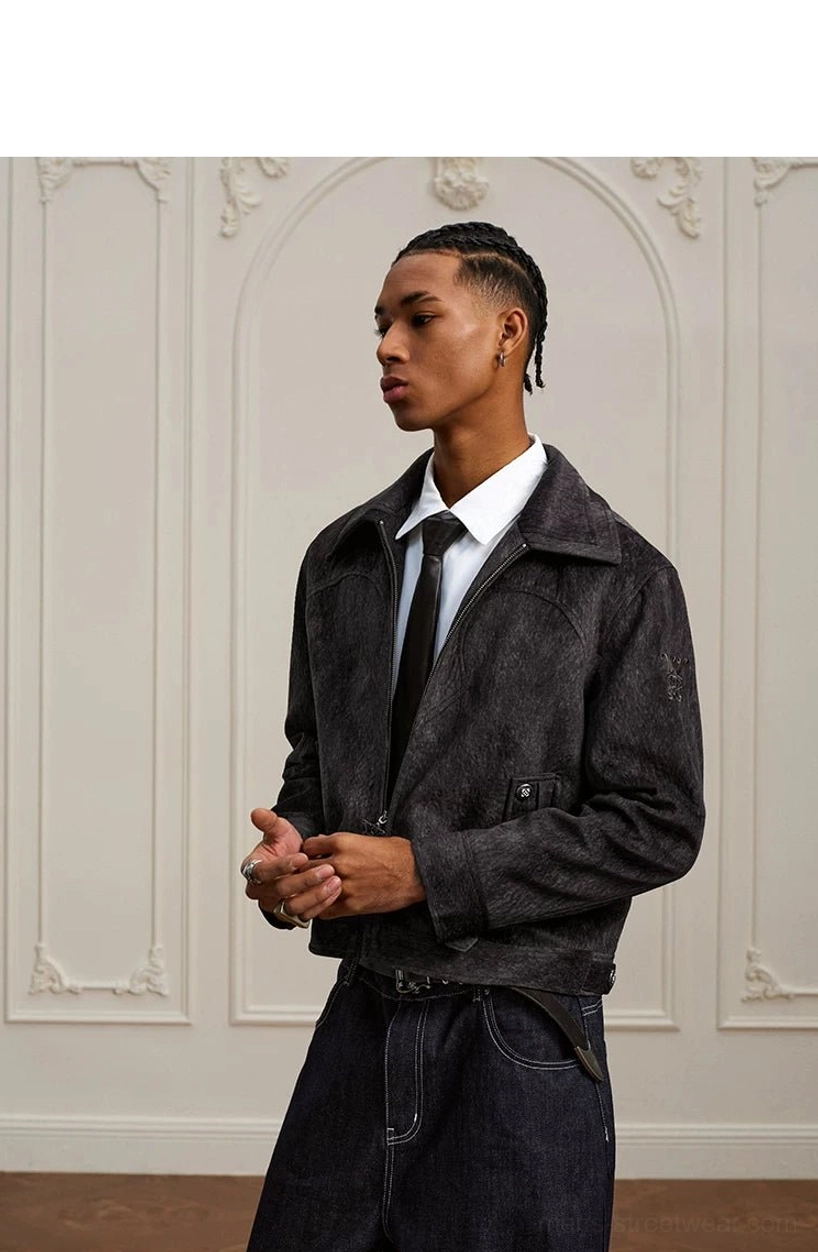 Coffee black textured Western yoke cropped zip jacket structured fabric and tailored streetwear design detail