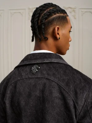 Coffee black textured Western yoke zip jacket back close-up showing washed surface and rear collar emblem