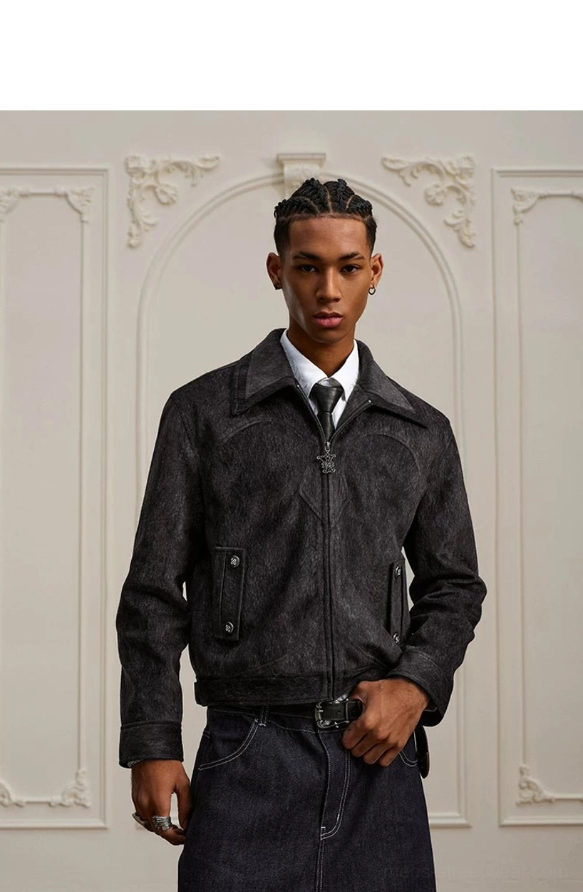 Coffee black textured Western yoke zip jacket front close-up showing zipper closure pockets and washed dark texture