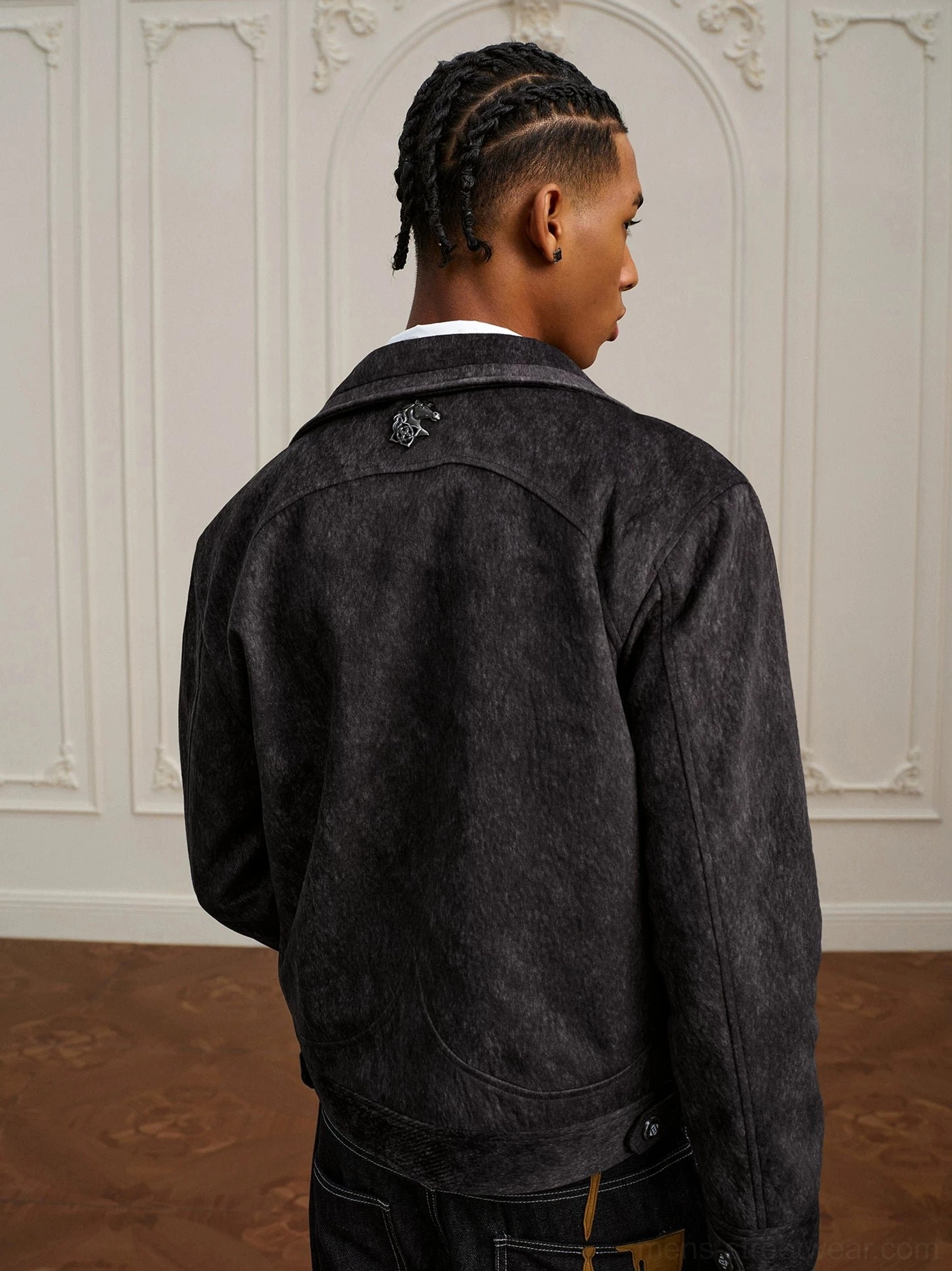 Coffee black textured Western yoke zip jacket side back view showing cropped hem and Western shoulder construction