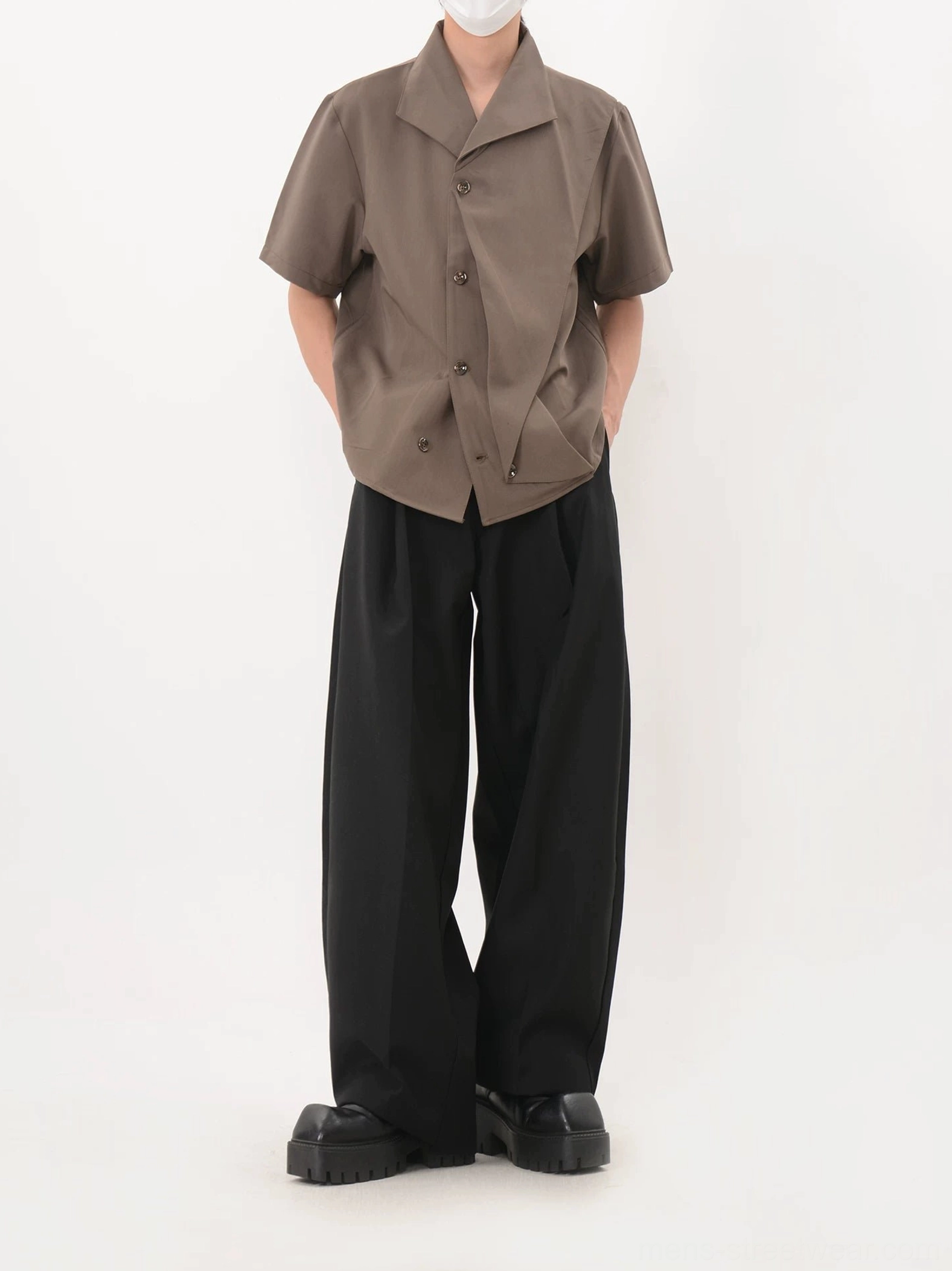 Coffee brown asymmetric button shirt left side view showing relaxed tailored silhouette and open lapel