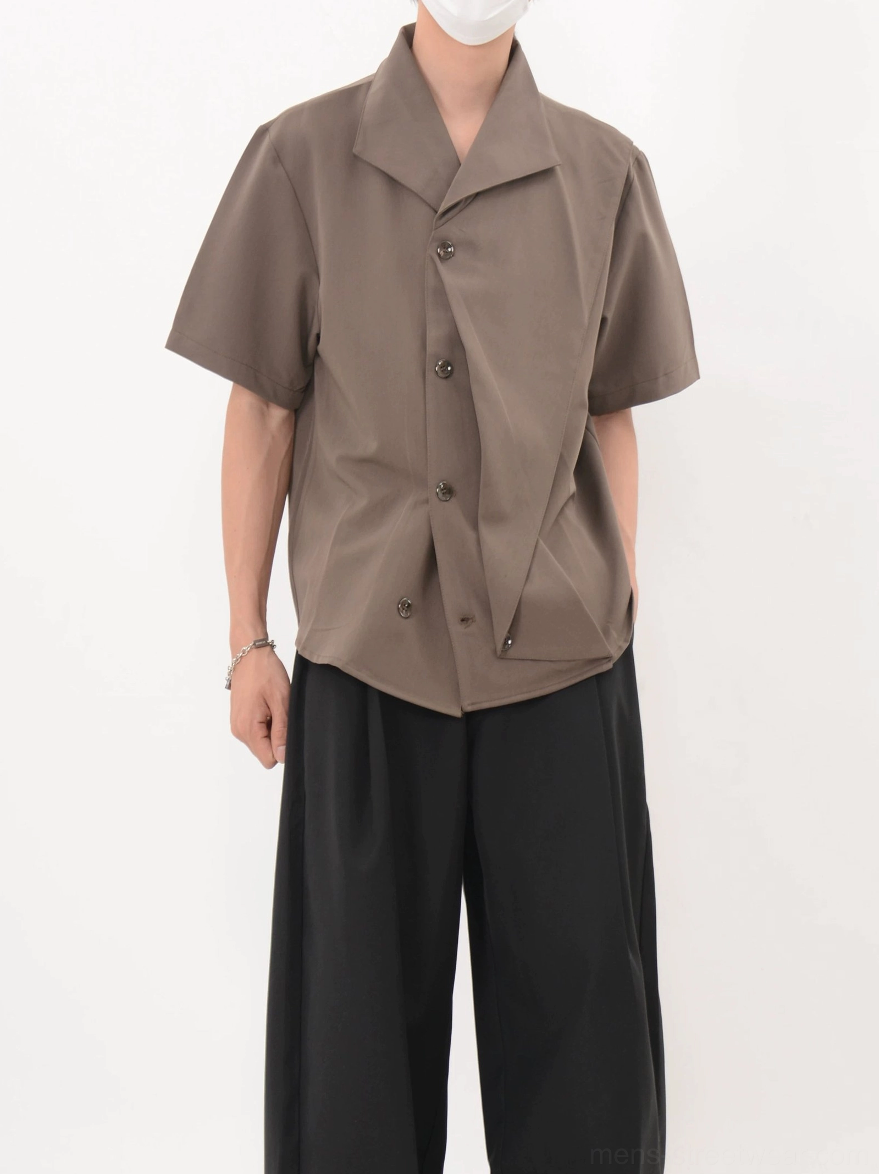 Coffee brown asymmetric cascade button shirt right side view in relaxed Korean streetwear styling