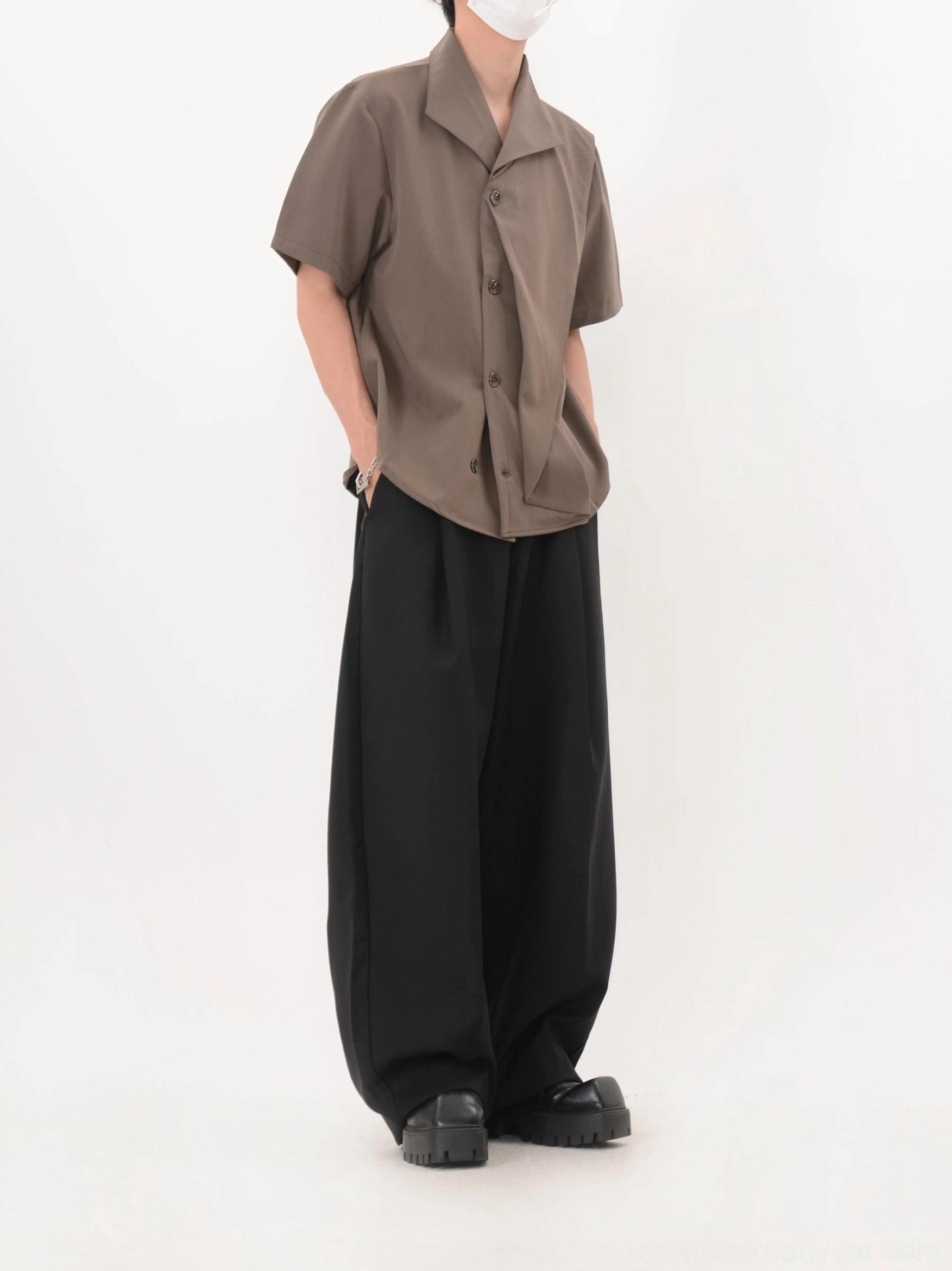 Coffee brown asymmetric cascade shirt side view with layered off center button front