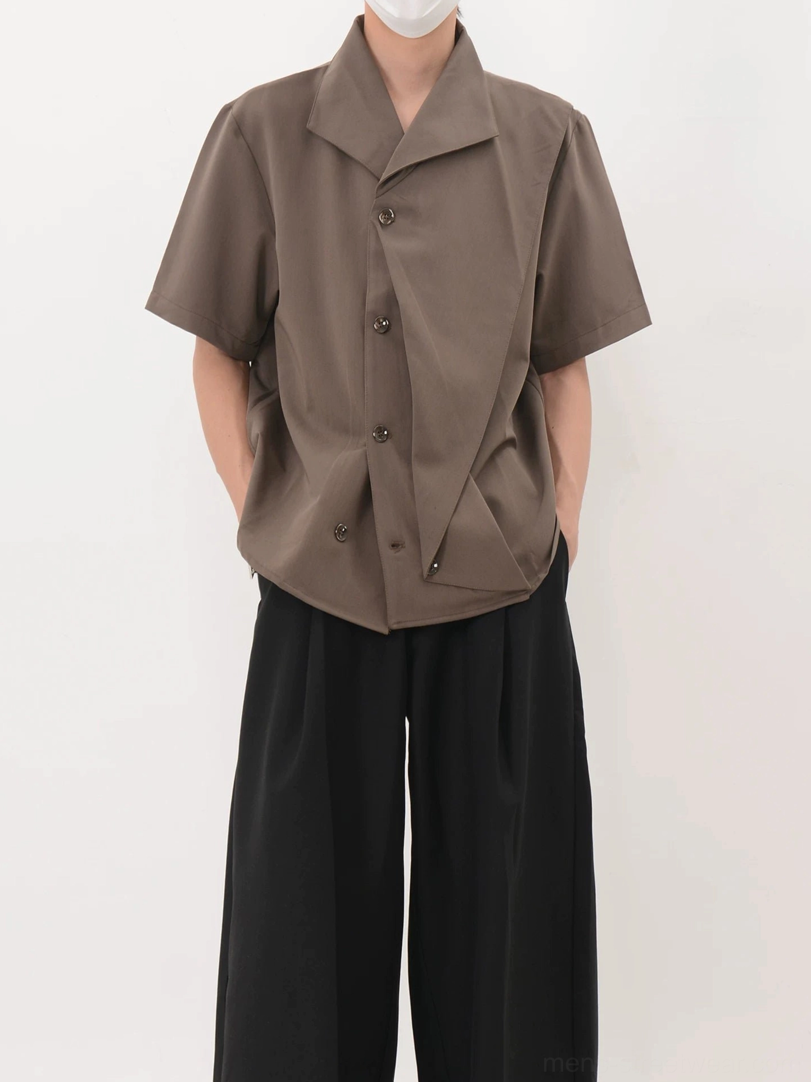 Coffee brown asymmetric cascade short sleeve shirt with sculptural layered button front