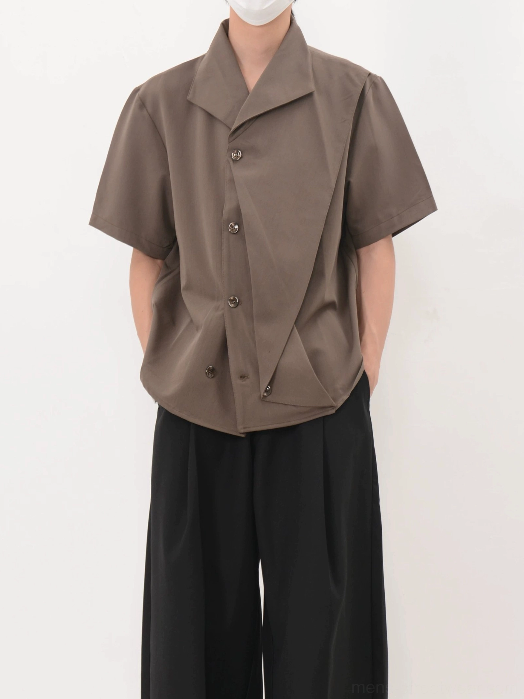 Coffee brown asymmetric short sleeve button shirt close front view showing smooth woven fabric and cascade panel