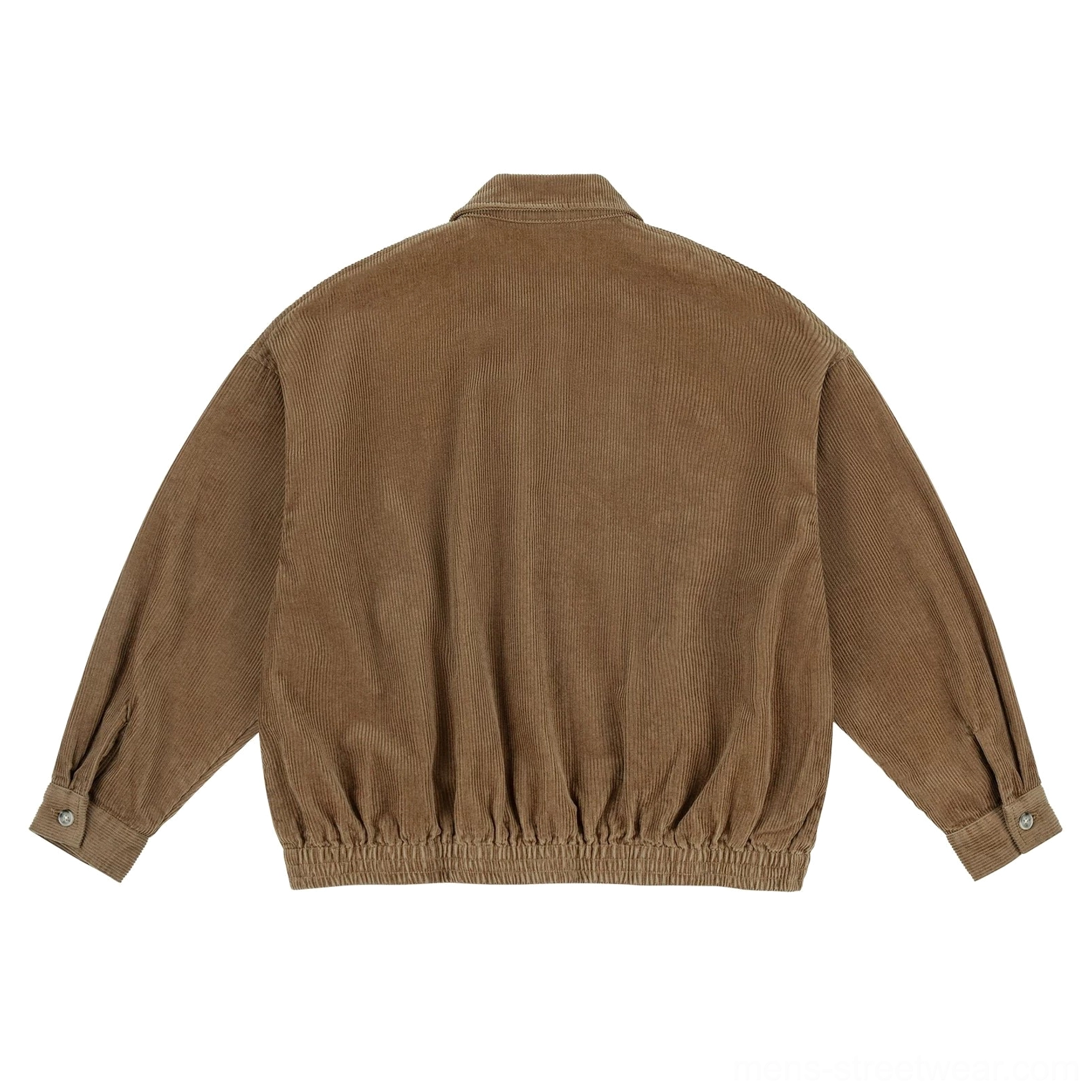Coffee brown corduroy Harrington jacket back view showing relaxed dropped shoulders gathered elasticated hem and clean unadorned design