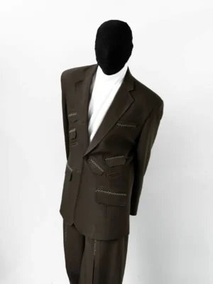 Coffee brown deconstructed multi-pocket blazer and matching wide-leg trouser set in Korean streetwear styling front three-quarter view