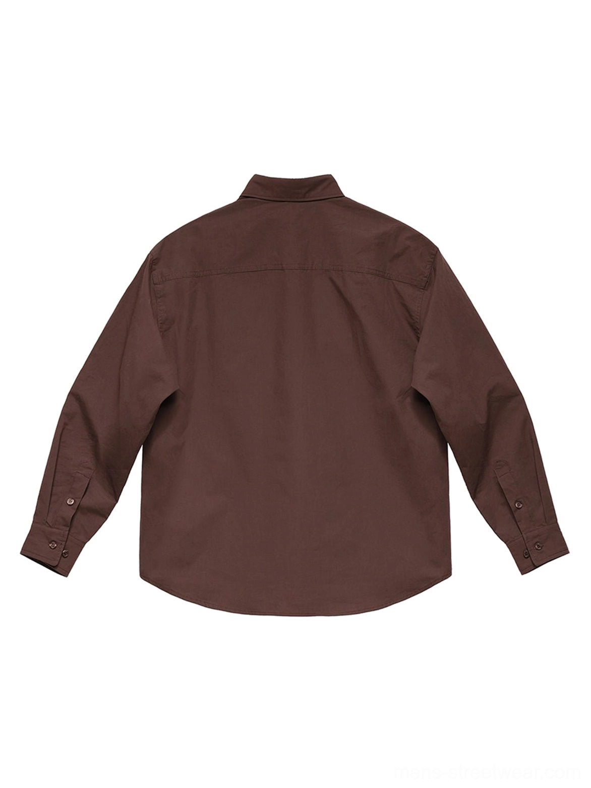 Coffee brown embroidered poplin overshirt back flat lay showing clean back panel curved hem and button cuffs