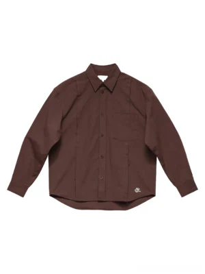 Coffee brown embroidered cotton poplin overshirt front flat lay with pointed collar chest pocket and button closure