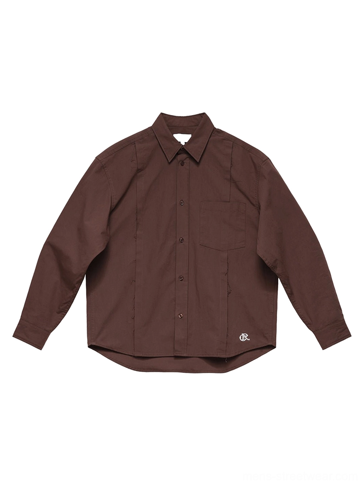 Coffee brown embroidered cotton poplin overshirt front flat lay with pointed collar chest pocket and button closure