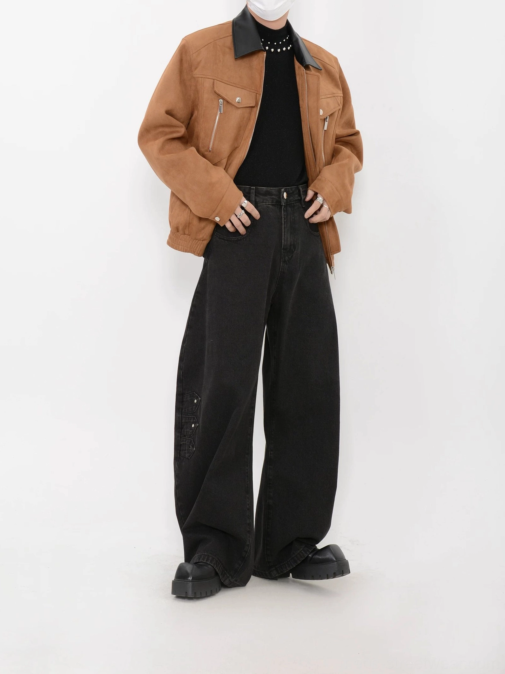 Coffee brown contrast collar faux suede bomber jacket styled with black wide-leg jeans in Korean streetwear look