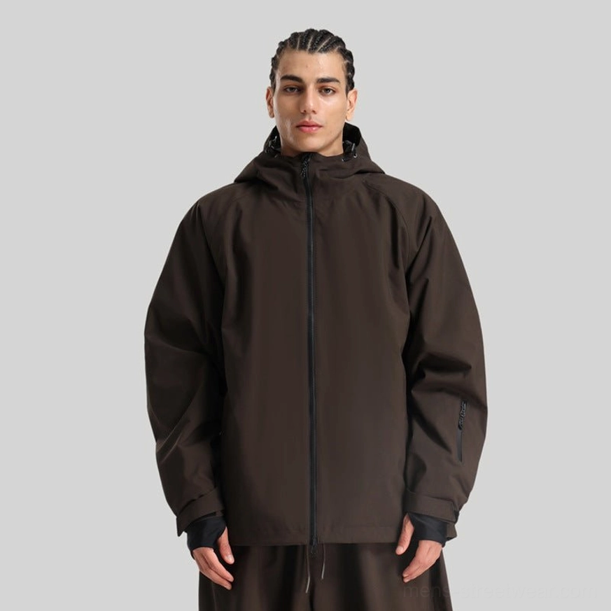 Dark coffee brown hooded snowboard shell jacket in a loose outdoor silhouette with a matte finish and front zipper