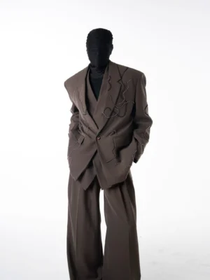Coffee brown nebula beaded oversized blazer and wide-leg trouser set shown in a full front three-quarter studio view