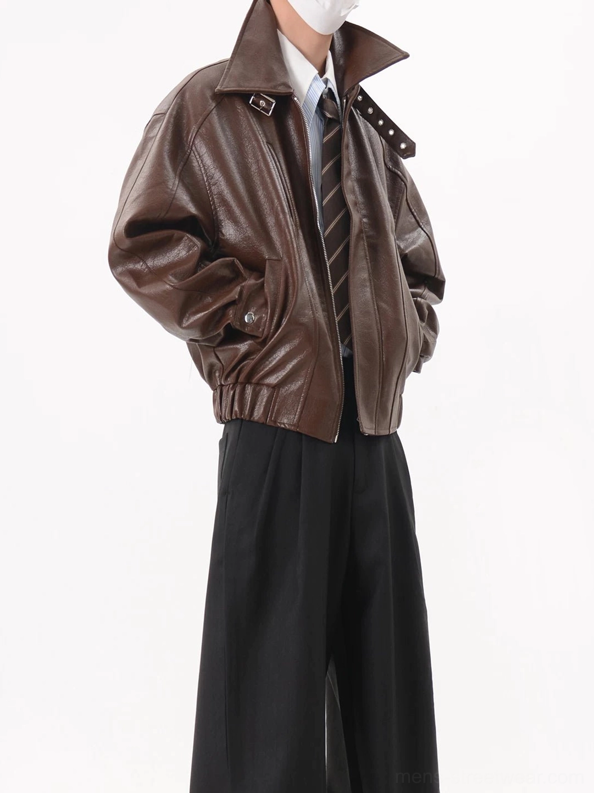 Coffee brown oversized faux leather buckle collar bomber jacket left side view with vintage leather-look texture and elasticated hem