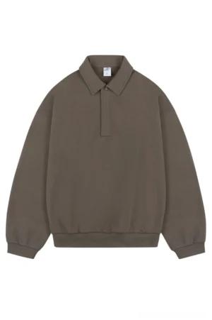 Coffee brown oversized long sleeve polo sweater with half placket collar and ribbed cuffs for Korean streetwear