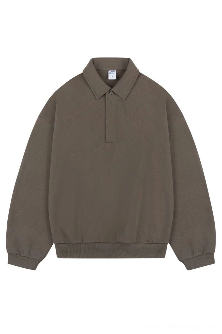 Coffee brown oversized long sleeve polo sweater with half placket collar and ribbed cuffs for Korean streetwear