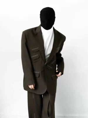 Oversized coffee brown patch pocket blazer with matching wide-leg trousers shown as a full Korean streetwear suit outfit