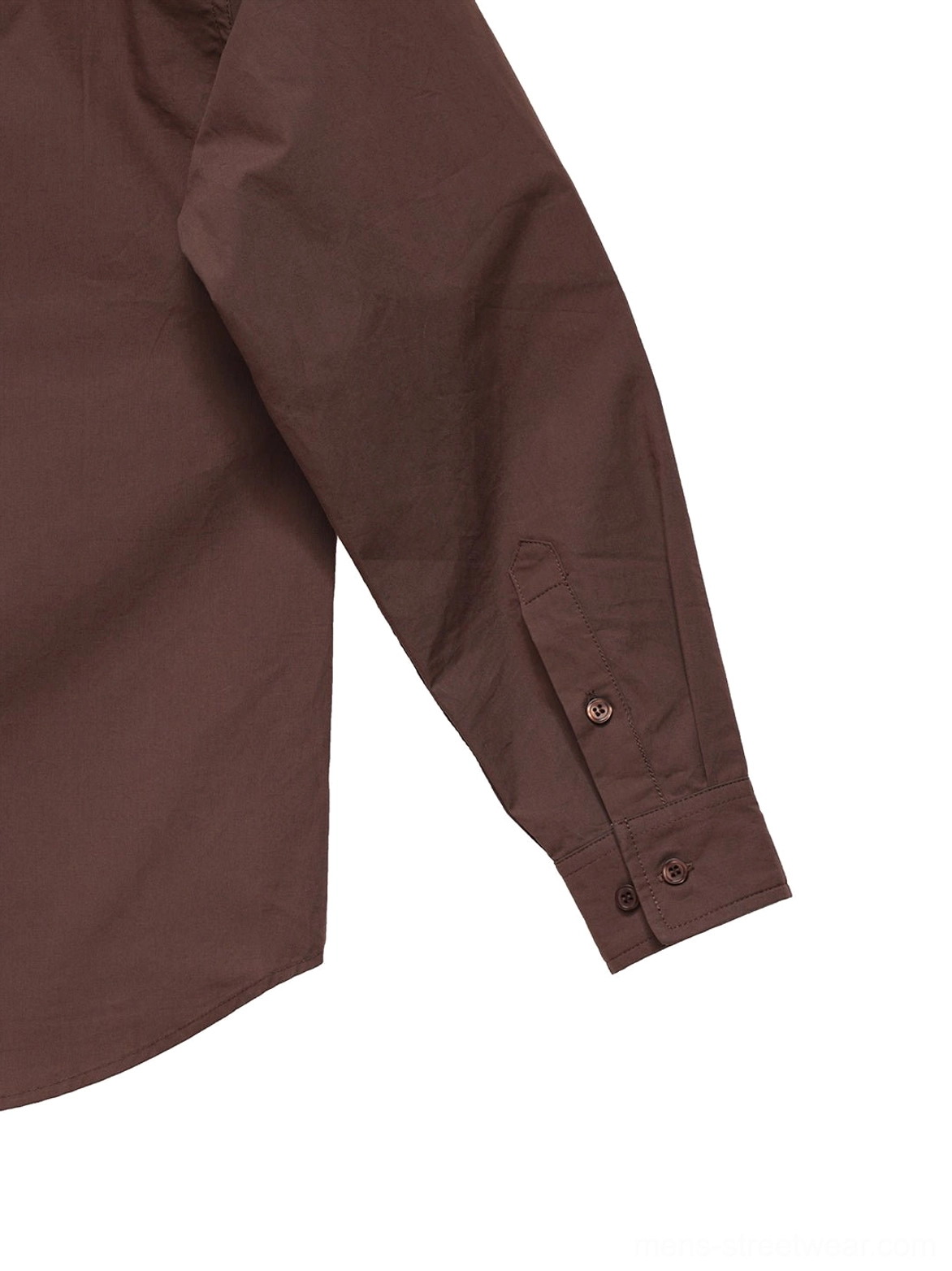 Close-up of adjustable dual-button cuff and smooth coffee brown poplin fabric on long-sleeve overshirt