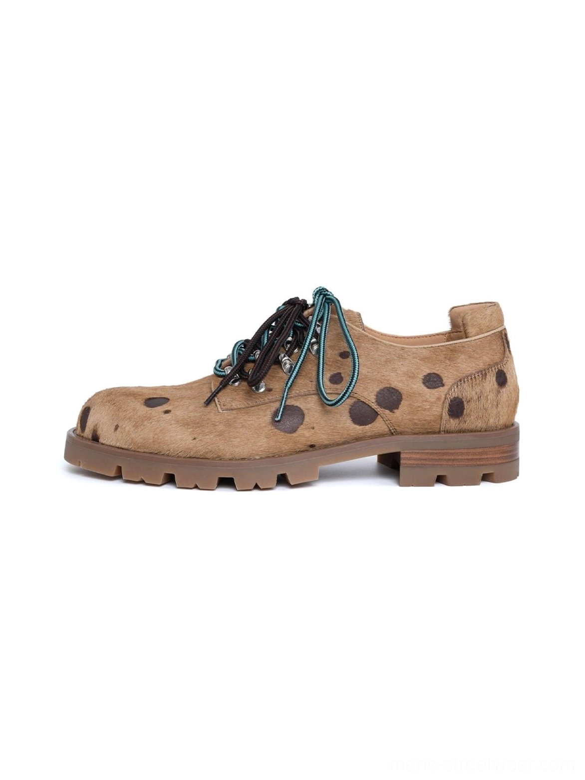 Coffee brown spotted pony-hair leather derby shoes with contrasting multicolor laces and chunky workwear rubber outsole on white background