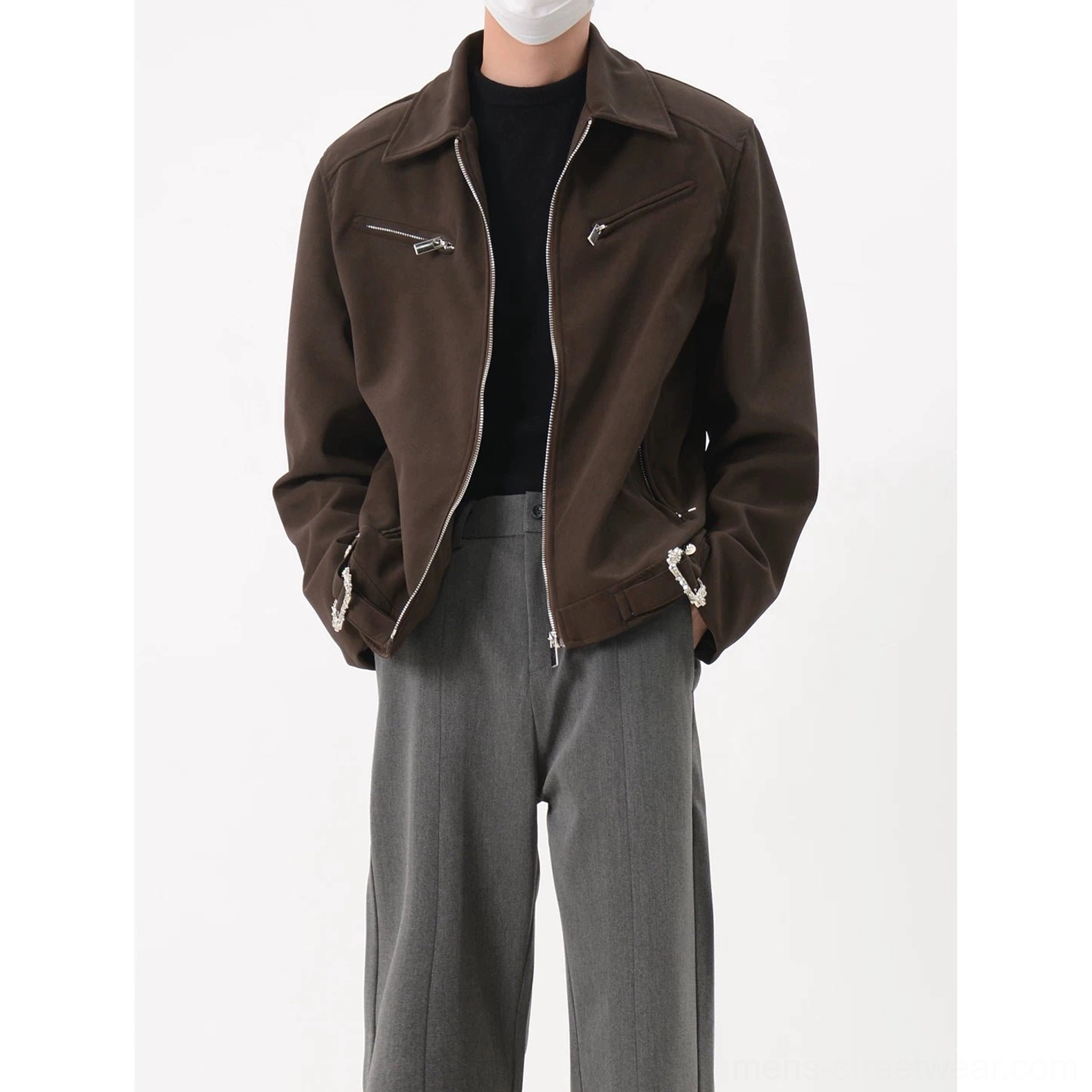 Coffee brown suede-look cropped moto jacket with silver zip pockets and adjustable streetwear silhouette