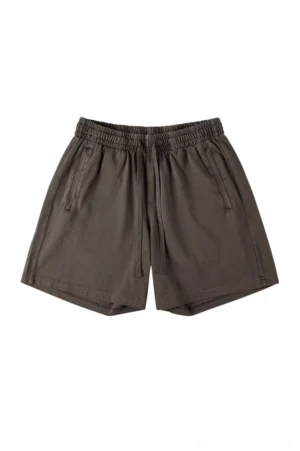 Dark coffee brown washed cotton casual drawstring shorts with elastic waistband side pockets and loose straight-leg fit