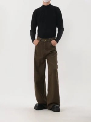 Close-up front view of coffee brown washed American retro wide-leg pants with relaxed fit, front pockets, structured waistband, and contemporary Seoul streetwear styling
