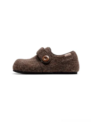 Coffee brown fuzzy Velcro slip-on shoes with minimalist round toe and soft fleece texture