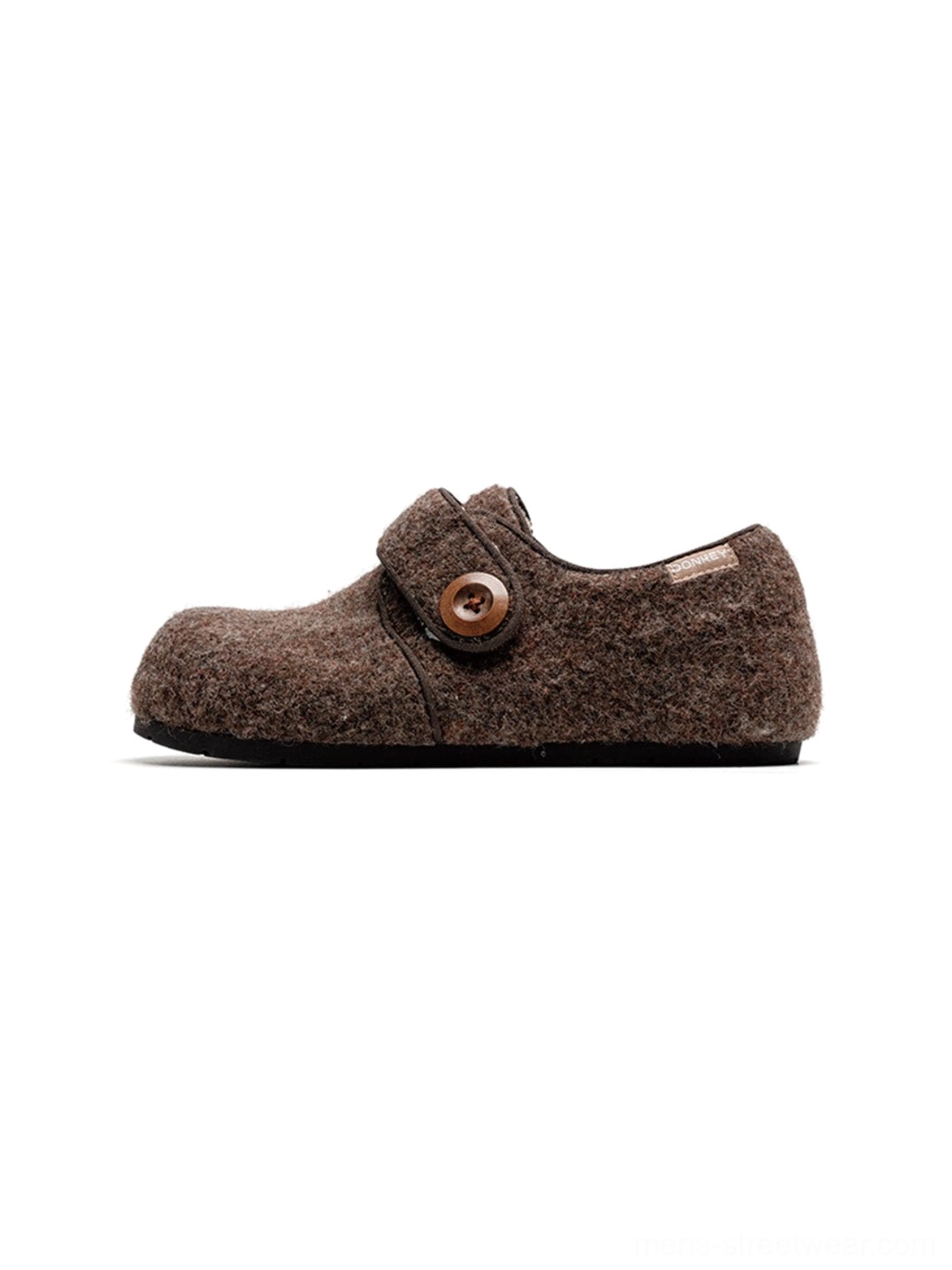 Coffee brown fuzzy Velcro slip-on shoes with minimalist round toe and soft fleece texture