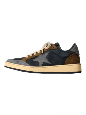 Coffee and gray star panel retro low-top streetwear sneaker shown in side profile with a color-blocked leather and textile upper, oversized gray star, and off-white rubber sole