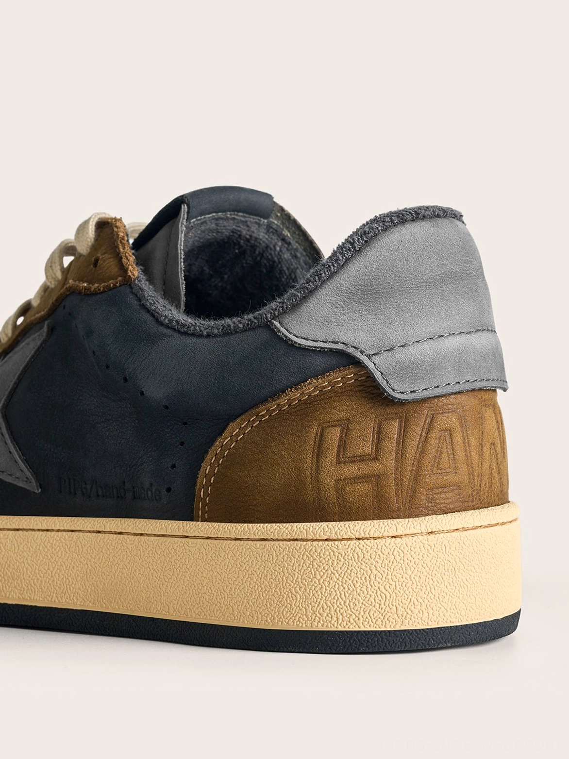Coffee and gray star panel retro low-top streetwear sneakers with a vintage court silhouette and layered leather textile construction