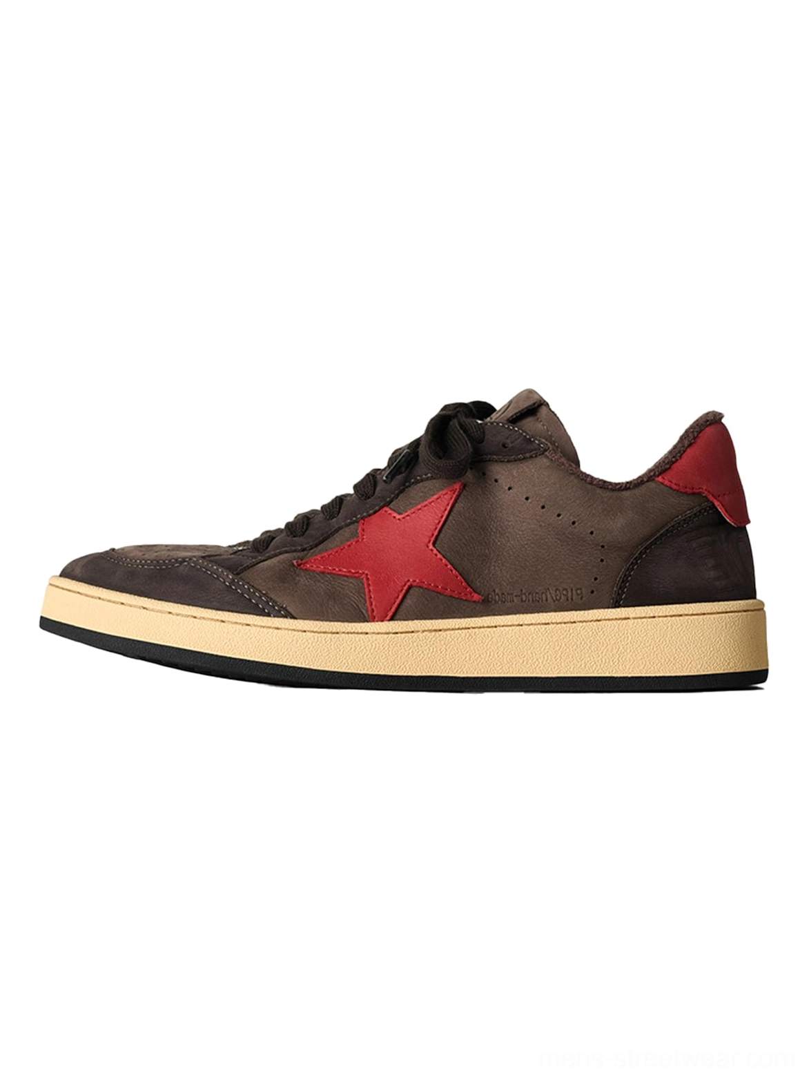 Coffee colorway star panel retro low-top sneakers with genuine leather and textile upper for contemporary East Asian streetwear outfits