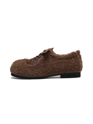 Coffee brown teddy fleece split-toe lace-up winter flat with contrast panels and slim black outsole side view