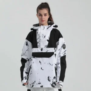 White and black splatter print color-block snow anorak jacket with oversized front pouch and contrast sleeves