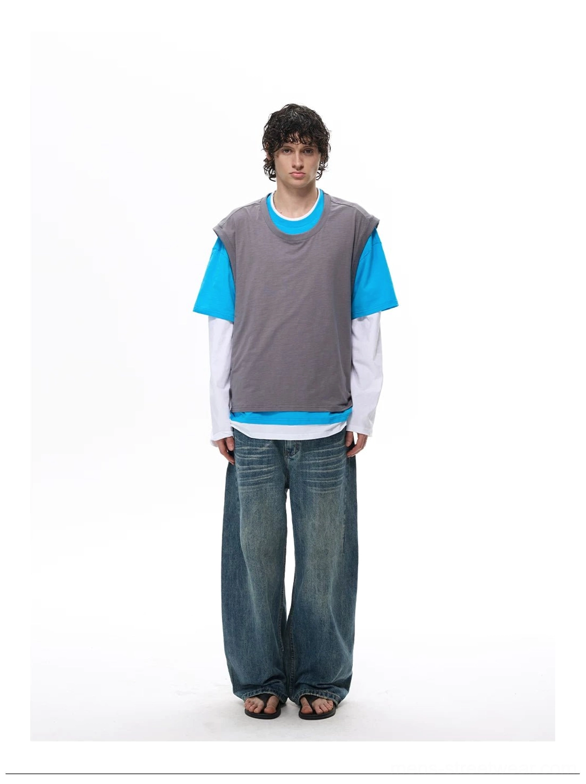 Full front product view of a color-blocked gray blue and white faux two-piece vest tee top in a relaxed Korean streetwear fit