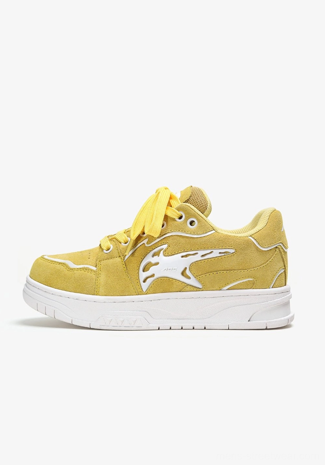 Color-pop skate sneaker close-up highlighting contrast stitching, graphic side mark, matching laces, and durable white outsole trim