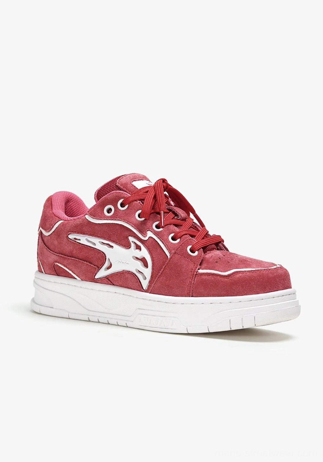 Red low-top skate sneaker in a right three-quarter product view with matching laces, suede-textured upper, white side mark, and chunky outsole