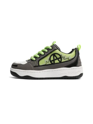 Green white and blue colorblock graphic skate sneaker with fluorescent green laces black anarchy side logo and layered white rubber sole