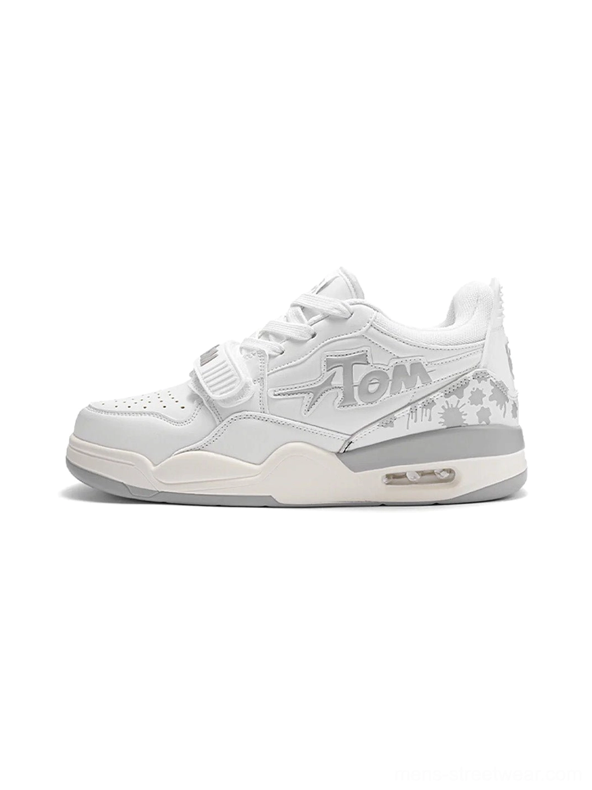 White colorblock basketball-inspired court sneaker side profile with graphic side detailing, adjustable strap, padded collar, and cushioned streetwear outsole