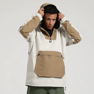 Off-white and beige colorblock half-zip snow anorak jacket with adjustable hood, oversized kangaroo pocket, and relaxed unisex streetwear fit