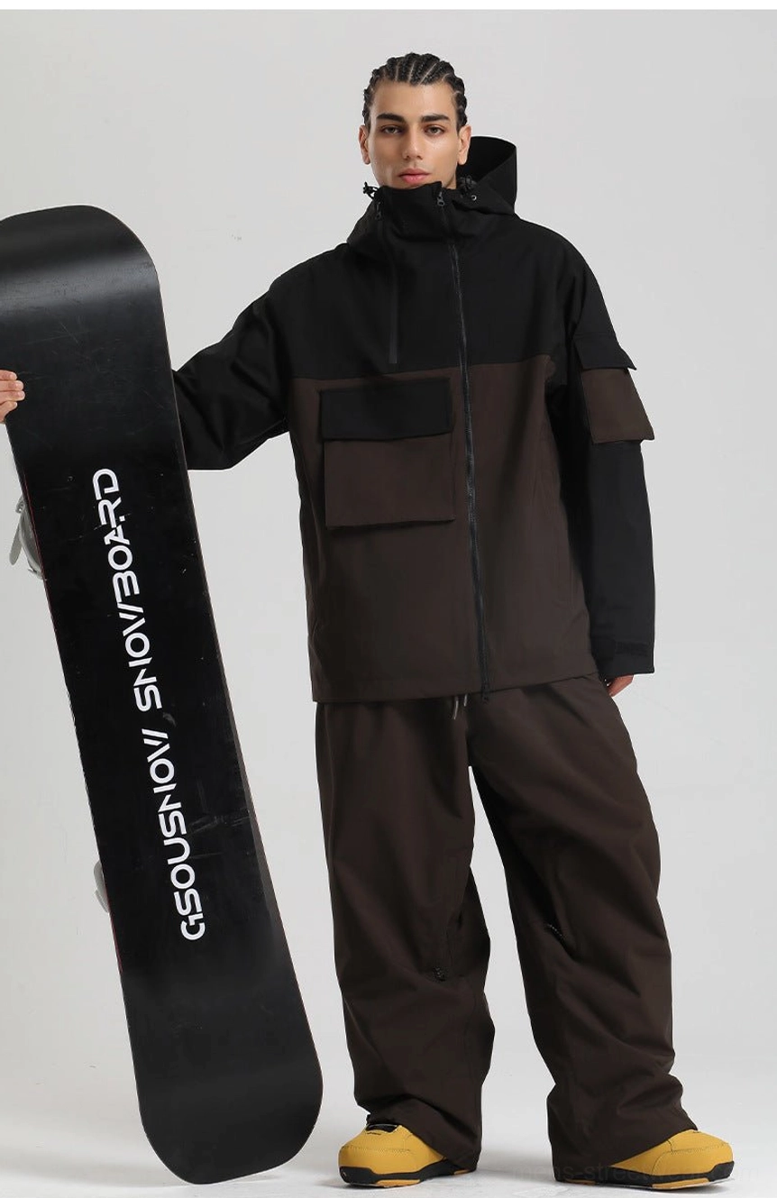 Colorblock ski outerwear with breathable construction, underarm ventilation zips, high rise collar, hood, and layered winter protection