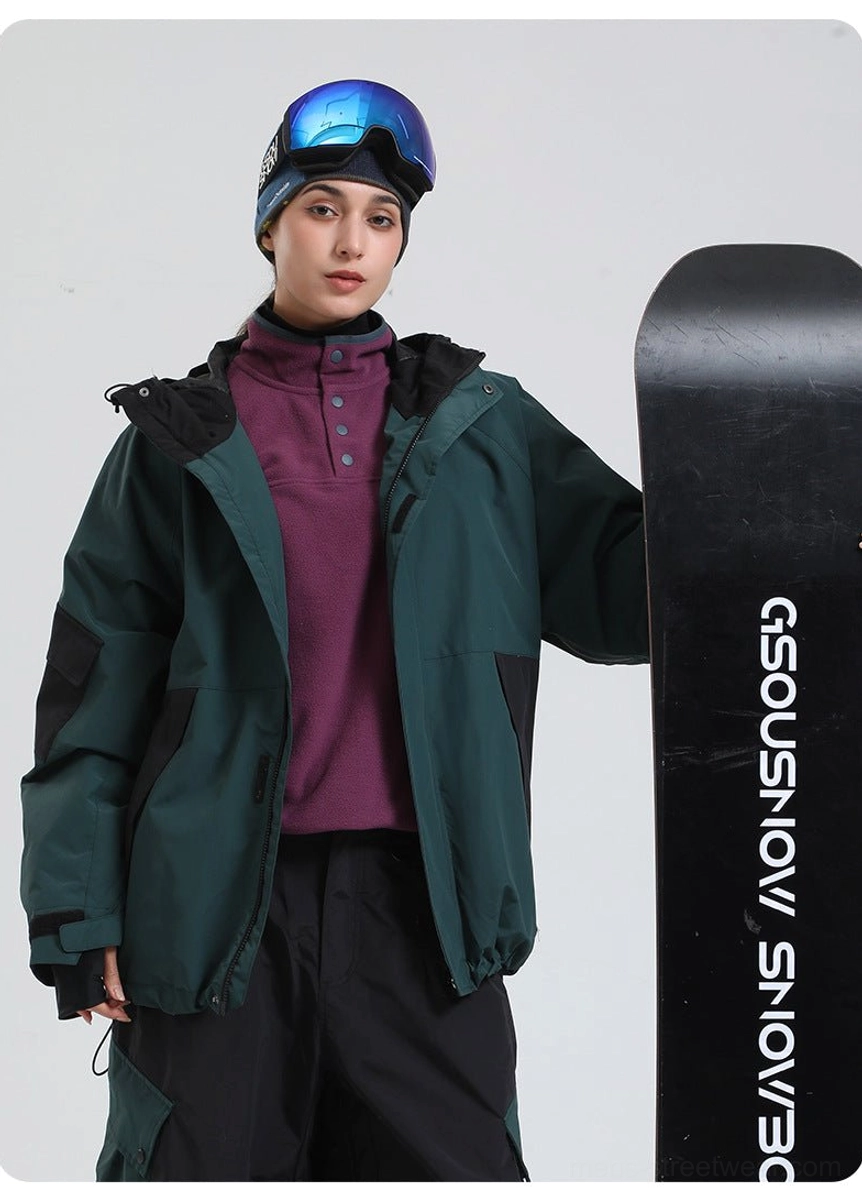 Colorblock snowboard shell jacket adjustable cuff and integrated wrist gaiter detail for snow protection