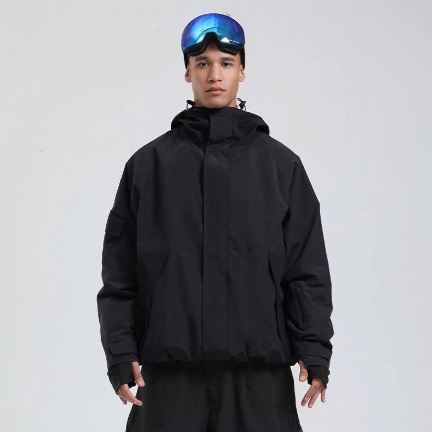 Black hooded snowboard shell jacket with relaxed straight fit and minimalist technical winter streetwear design