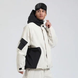 Off-white and black colorblock snowboard shell jacket with hood, utility waist pocket and contrast elbow panels front view